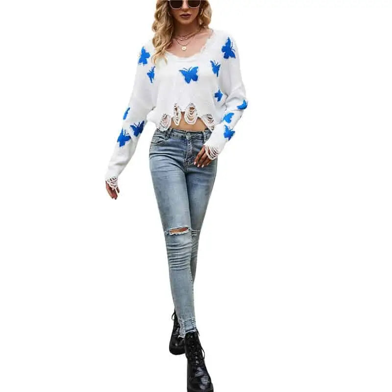 Solid Color Printed Long Sleeve Hollow Out Sweater Tops