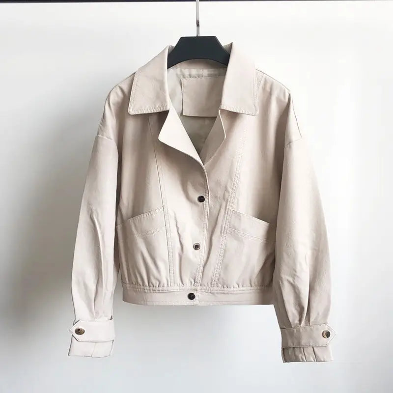 Solid Color Pu Leather Short Motorcycle Jacket - Beige / S