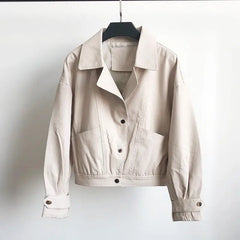 Solid Color Pu Leather Short Motorcycle Jacket - Beige / S