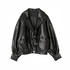 Solid Color Pu Leather Short Motorcycle Jacket - Black / S