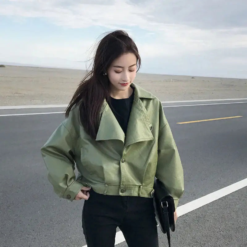 Solid Color PU Vegan Leather Short Jacket