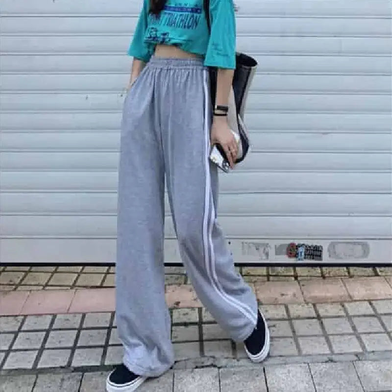 Solid Color SIde Line High Waist Sweatpants - Gray / S