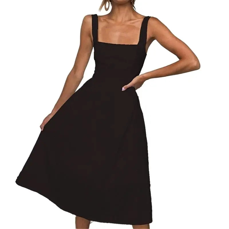 Solid Color Sleeveless Backless Dress - Black / S