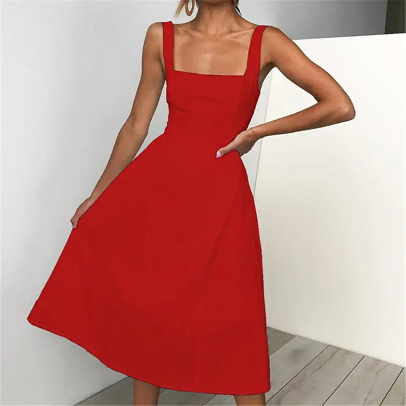 Solid Color Sleeveless Backless Dress - Red / S