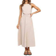 Solid Color Sleeveless Backless Elastic Waist Dress - Beige
