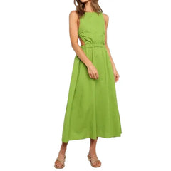 Solid Color Sleeveless Backless Elastic Waist Dress - Green