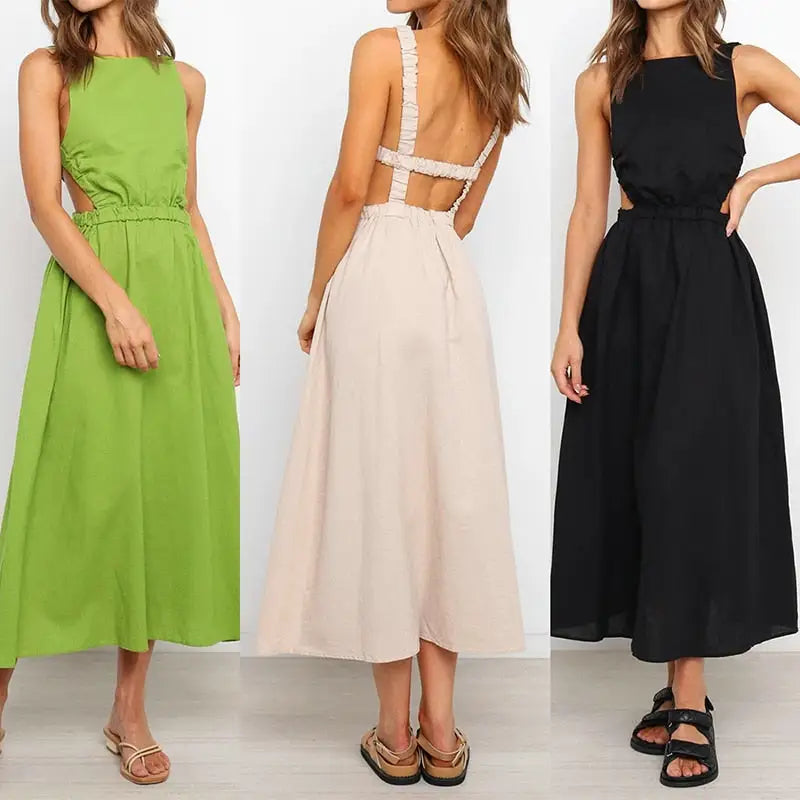 Solid Color Sleeveless Backless Elastic Waist Dress - Long