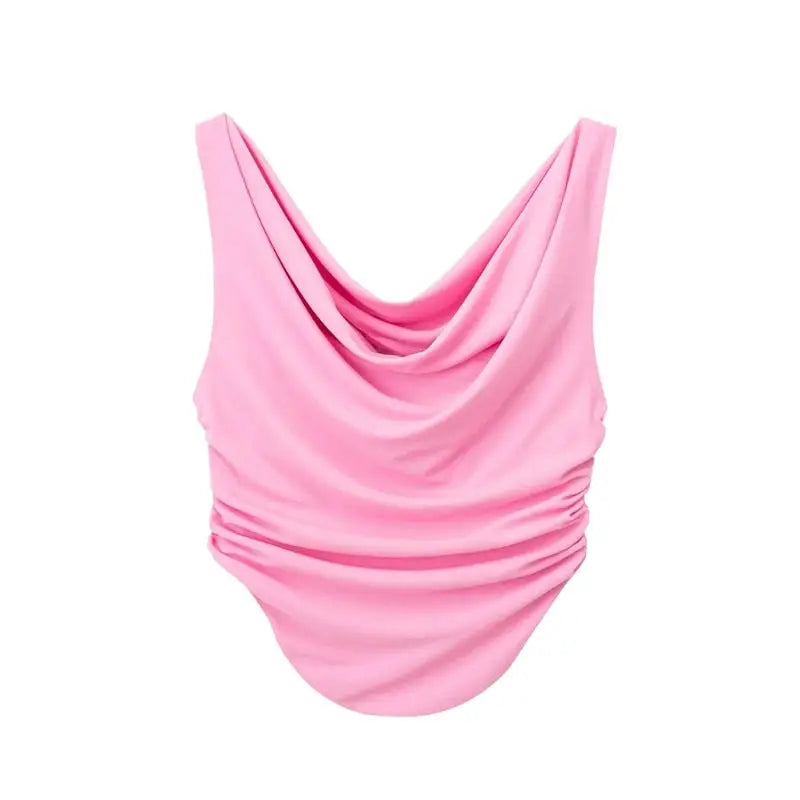 Solid Color Sleeveless Pleats Crop Top - Pink / XS