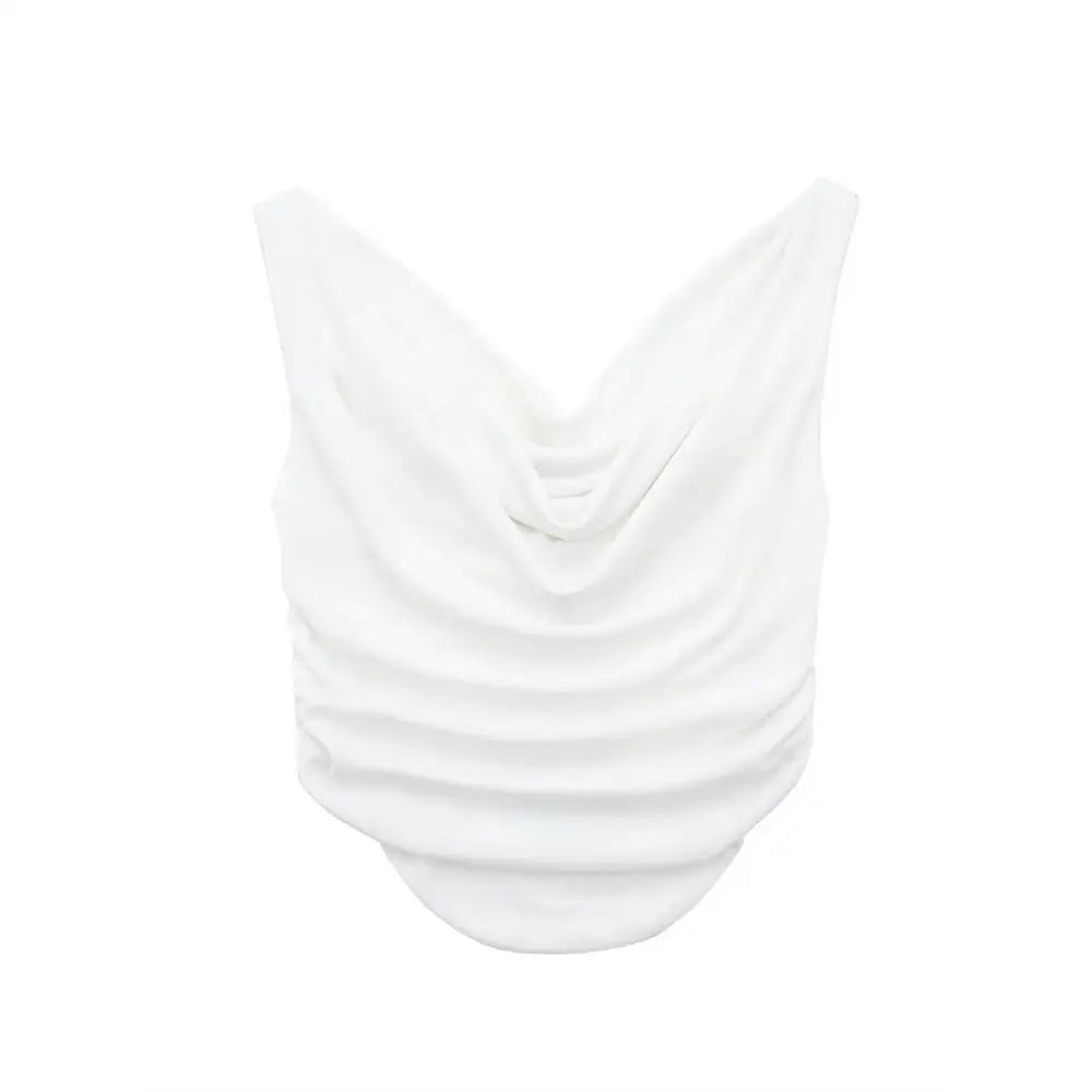 Solid Color Sleeveless Pleats Crop Top - White / XS