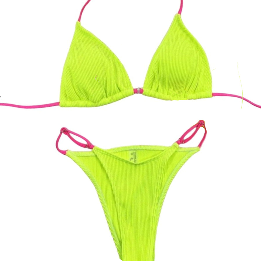 Solid Color String Bikini Swimsuit - Fluorescent Yellow /