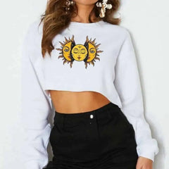 Solid Color Sun Face Crop Sweatshirt