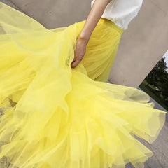 Solid Color Tulle Pleated Maxi Skirt