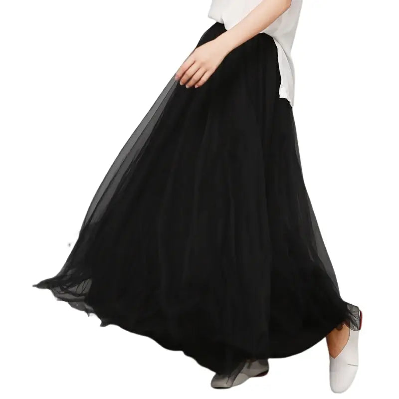 Solid Color Tulle Pleated Maxi Skirt