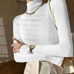Solid Color Turtleneck Long-Sleeved Blouse - blouse