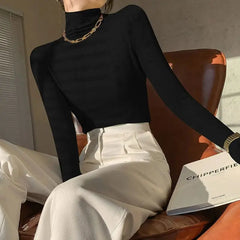 Solid Color Turtleneck Long-Sleeved Blouse - blouse