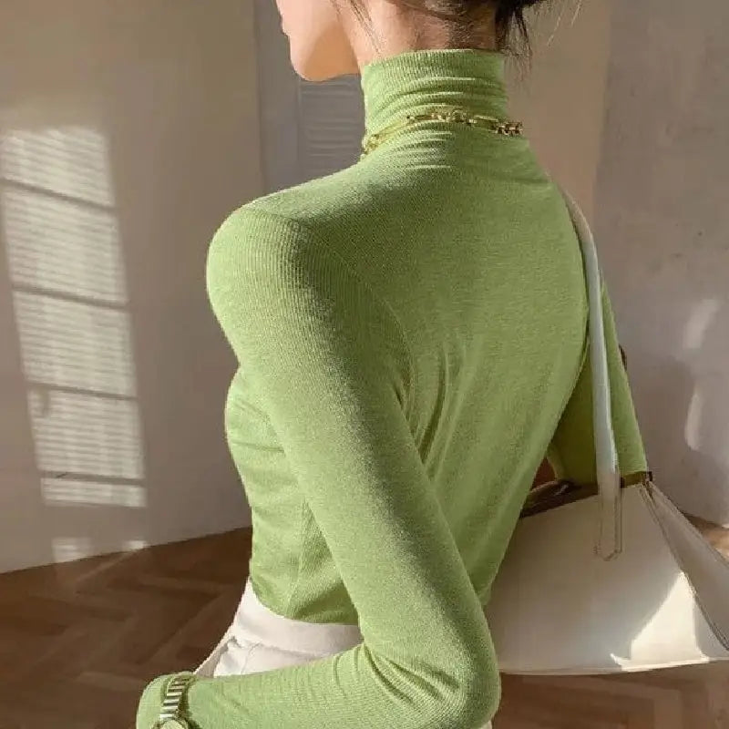 Solid Color Turtleneck Long-Sleeved Blouse