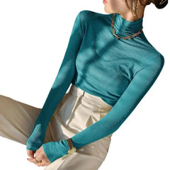 Solid Color Turtleneck Long-Sleeved Blouse - Blue / S