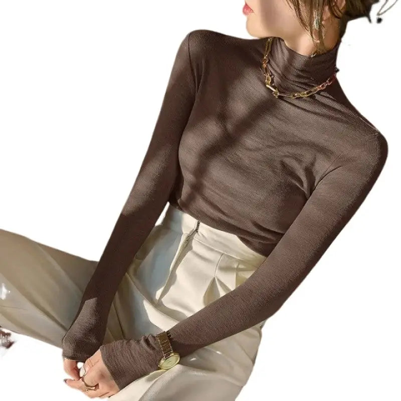 Solid Color Turtleneck Long-Sleeved Blouse - Dark Brown / S