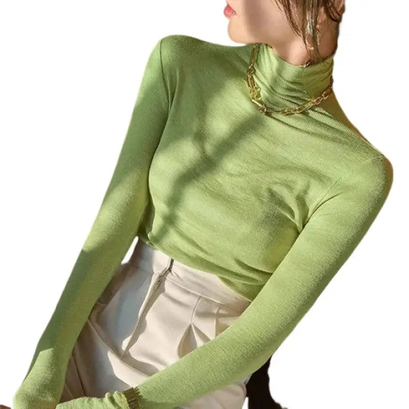 Solid Color Turtleneck Long-Sleeved Blouse - Gray / S