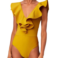 Solid Color V-Neck Cutout One-Piece Swimsuit