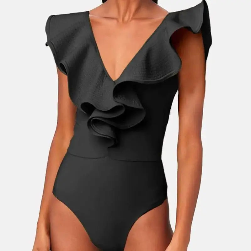 Solid Color V-Neck Cutout One-Piece Swimsuit - Black / S