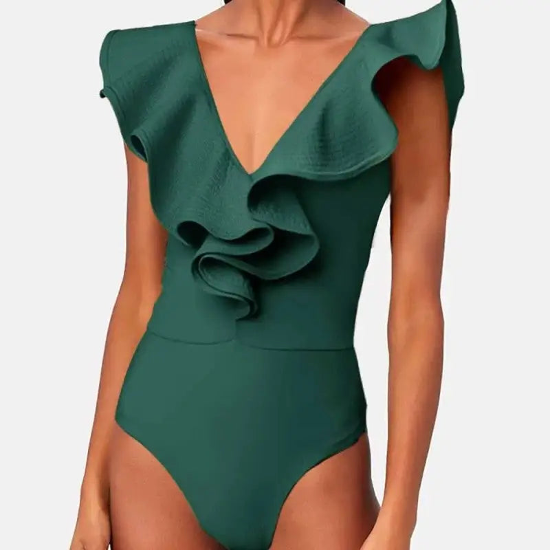 Solid Color V-Neck Cutout One-Piece Swimsuit - Green / S