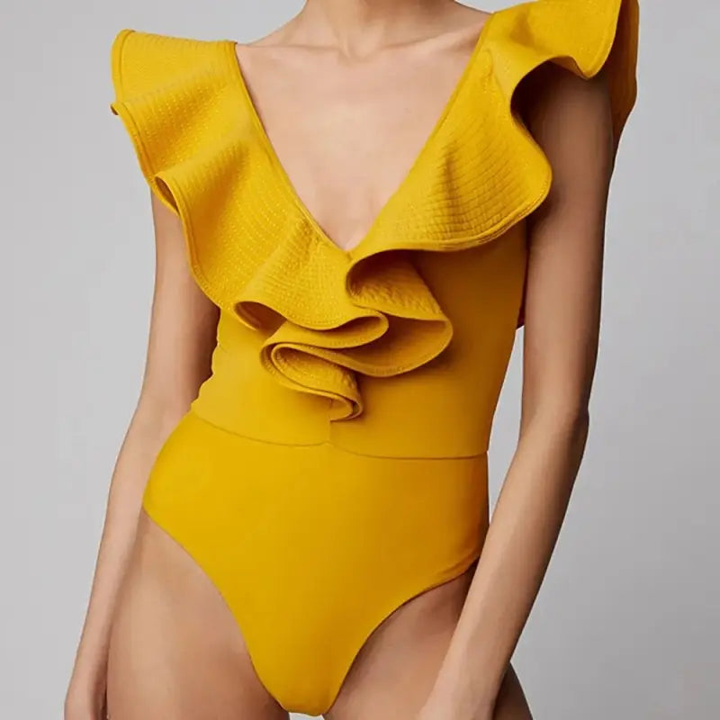 Solid Color V-Neck Cutout One-Piece Swimsuit - Yellow / S