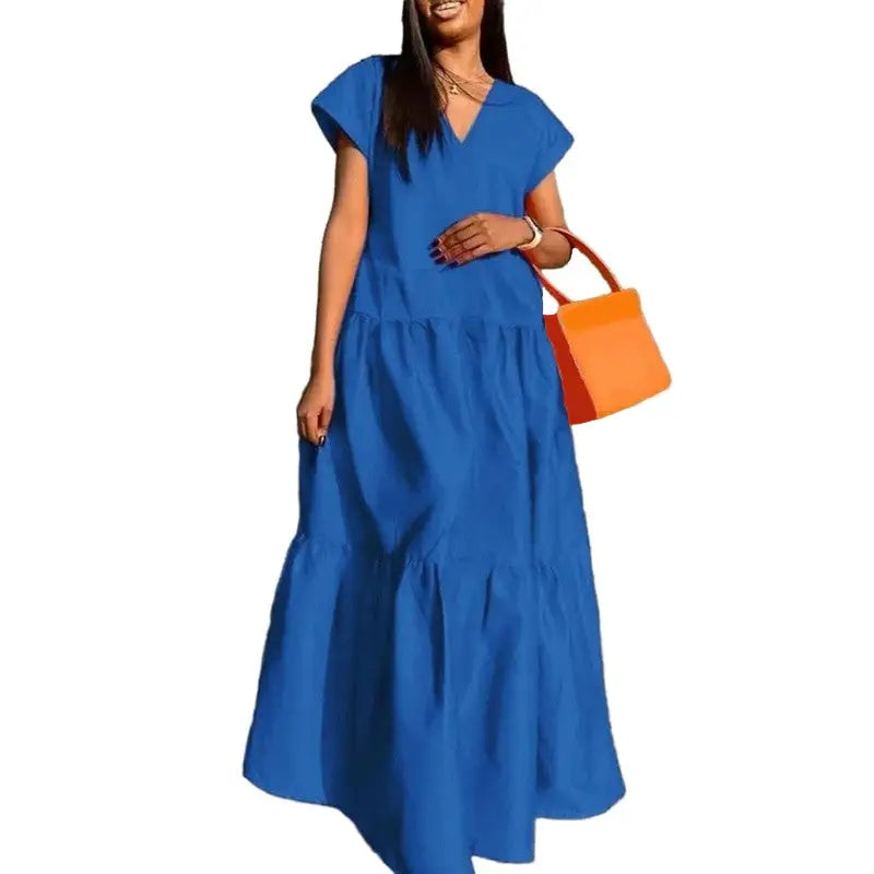 Solid Color V-Neck Short Sleeve Loose Dresses