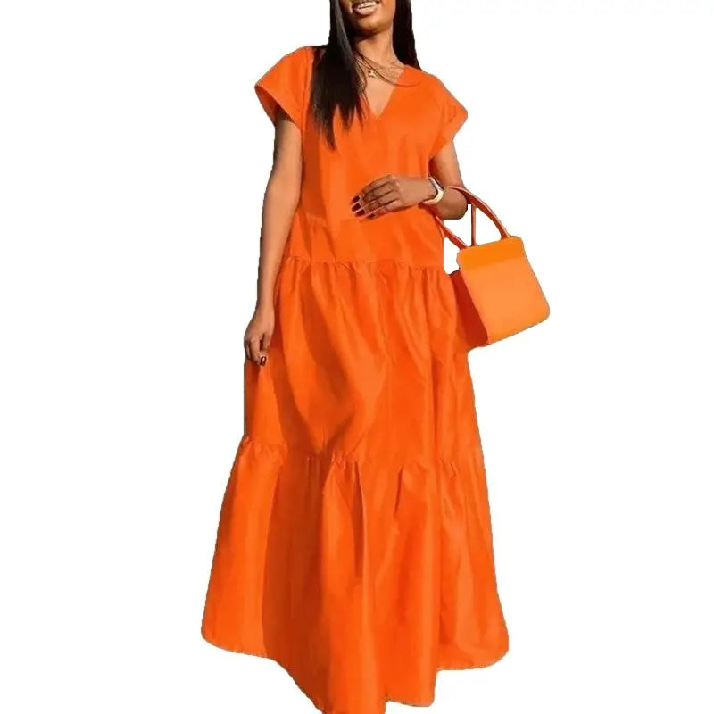 Solid Color V-Neck Short Sleeve Loose Dresses