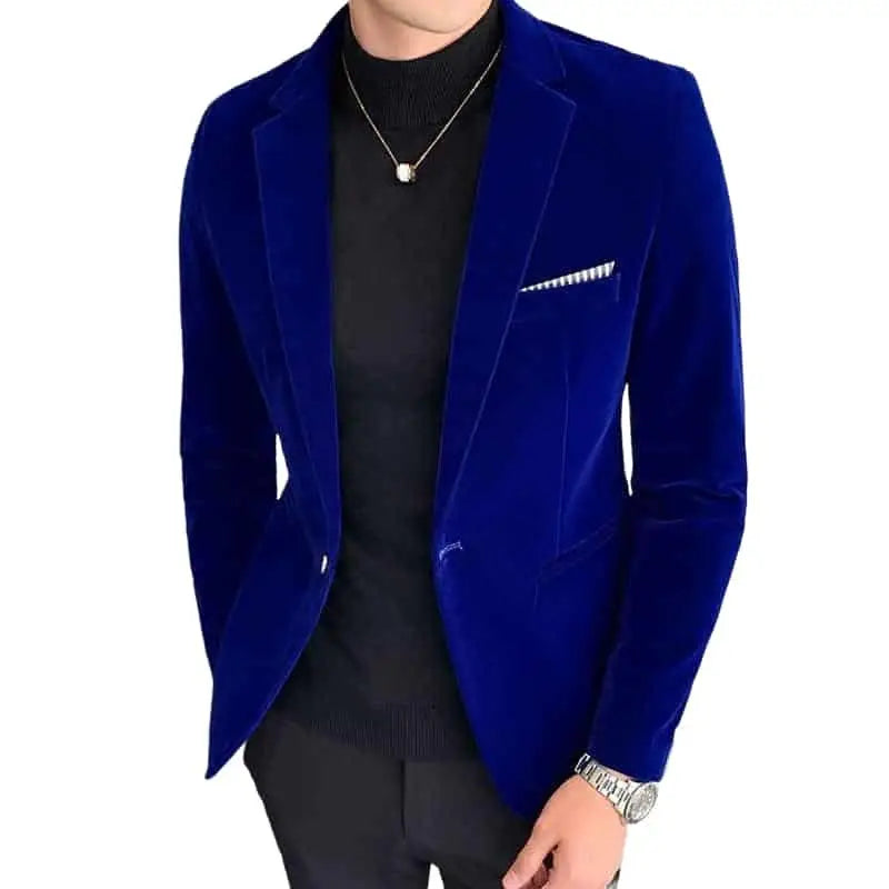 Solid Color Velvet Elegant Slim High Quality Blazer - Blue