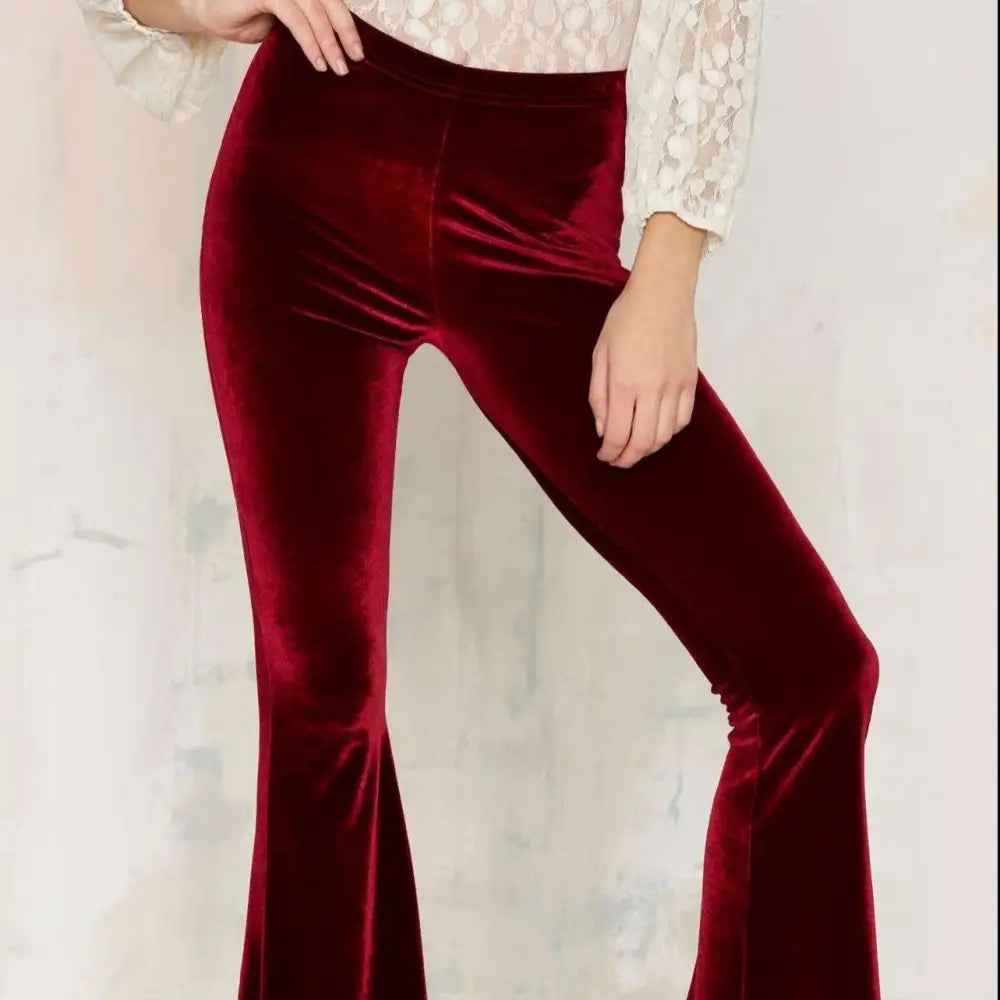 Solid Color Velvet Stretchy High Waisted Flared Pants