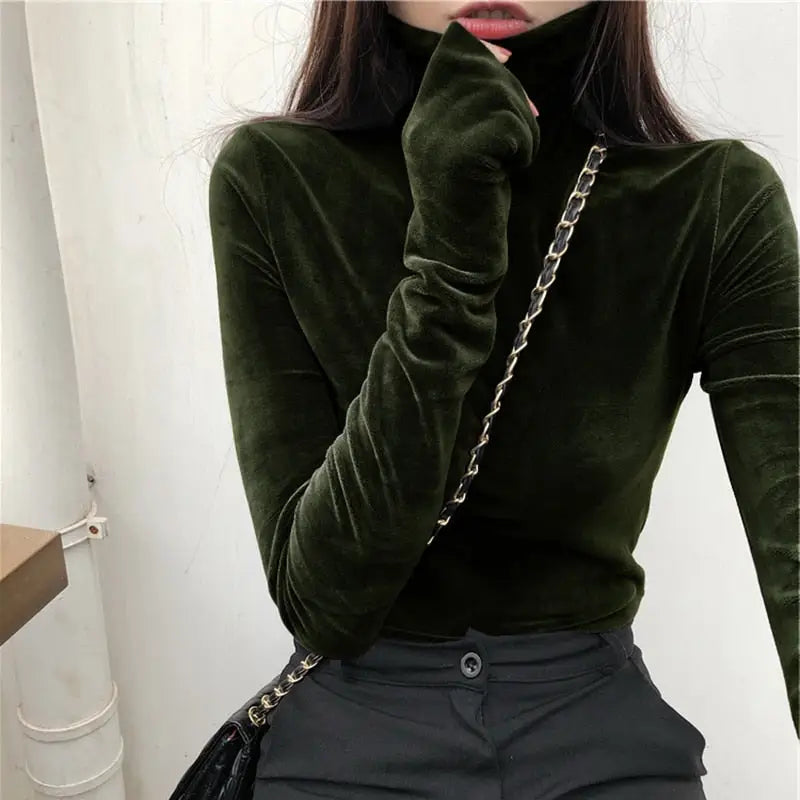 Solid Color Velvet Turtleneck Long Sleeve Blouse