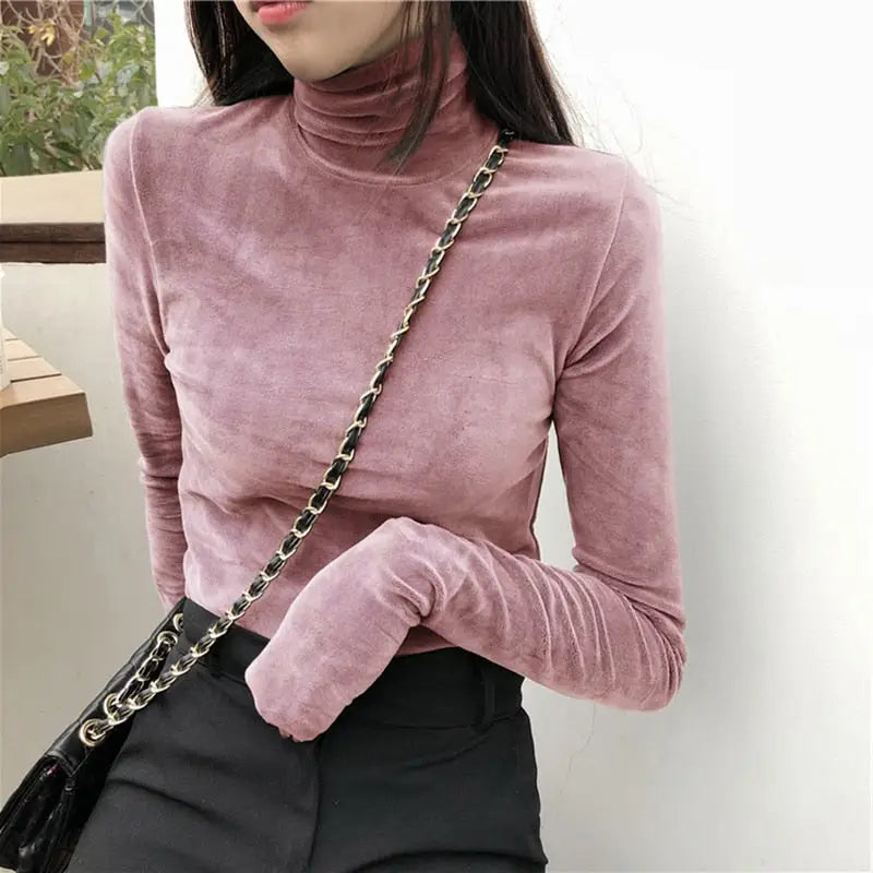 Solid Color Velvet Turtleneck Long Sleeve Blouse - Pink / M