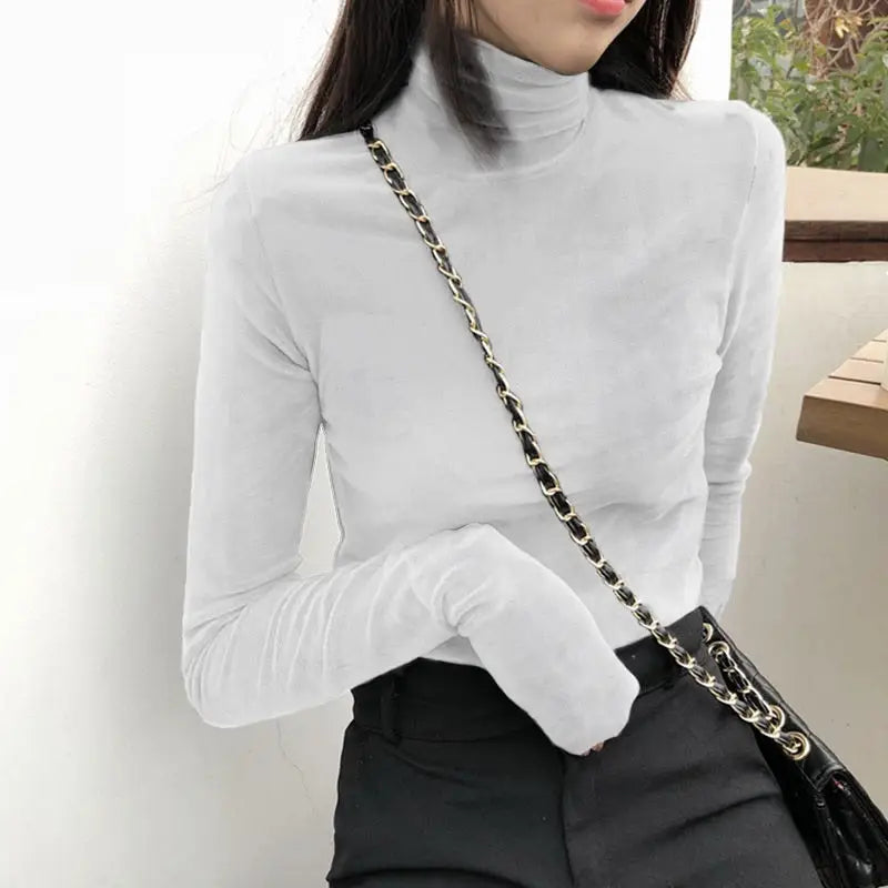 Solid Color Velvet Turtleneck Long Sleeve Blouse - White / M