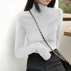 Solid Color Velvet Turtleneck Long Sleeve Blouse