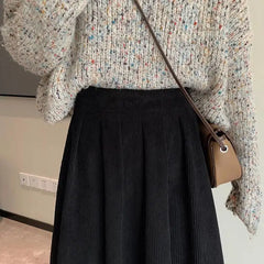 Solid Color Vintage Corduroy High Waist Long Flared Skirt