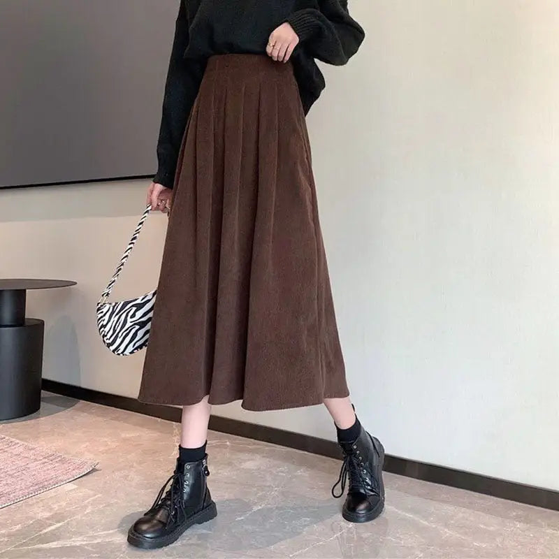 Solid Color Vintage Corduroy High Waist Long Flared Skirt