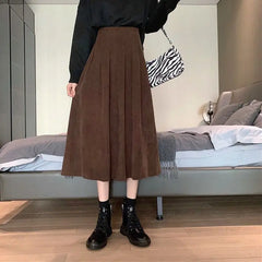 Solid Color Vintage Corduroy High Waist Long Flared Skirt