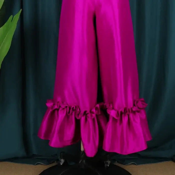 Solid Color Wide-Leg Flared With Zipper Pants