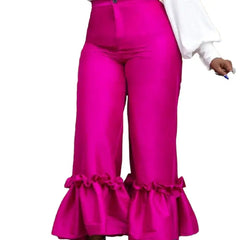 Solid Color Wide-Leg Flared With Zipper Pants - Fuchsia / S