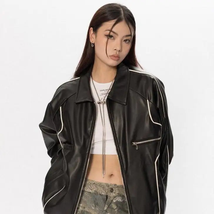 Solid Color Zipper Loose Pu Leather Jacket