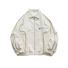 Solid Color Zipper Loose Pu Leather Jacket - Beige / M