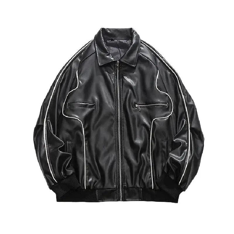 Solid Color Zipper Loose Pu Leather Jacket - Black / M