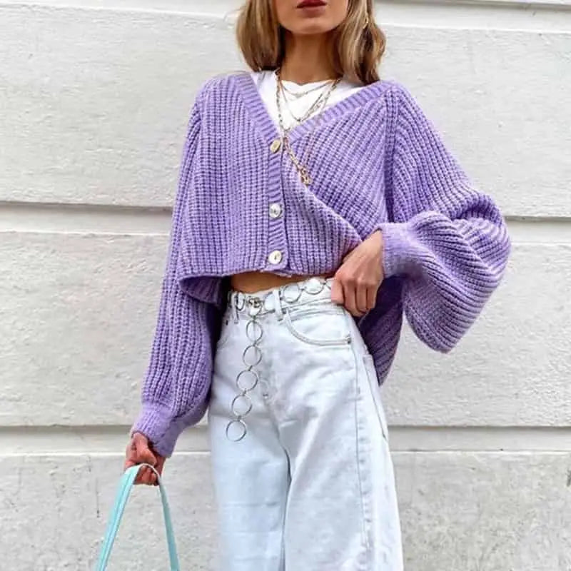 Solid Knitted Cropped Sweater - Purple / S