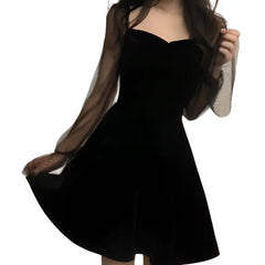 Solid Mesh Flare Sleeve Knee Length Square Collar Sexy Dress