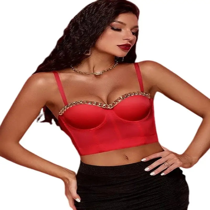 Solid Red Color with Gold Thick Chain Push Up Crop Top Corset