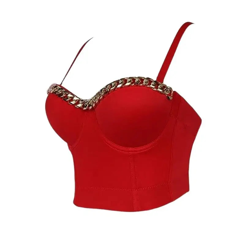 Solid Red Color with Gold Thick Chain Push Up Crop Top Corset