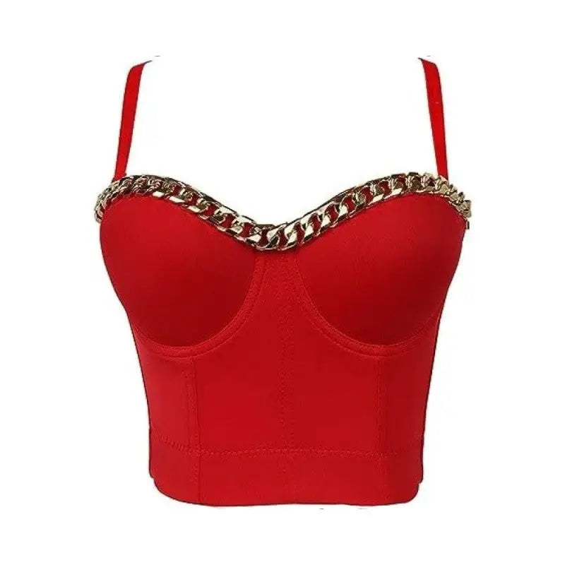 Solid Red Color with Gold Thick Chain Push Up Crop Top Corset