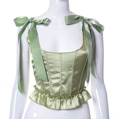 Solid Square Backless Lace Ribbons Corset - Green / S
