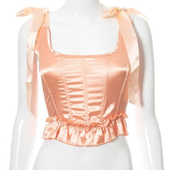 Solid Square Backless Lace Ribbons Corset - Orange / S